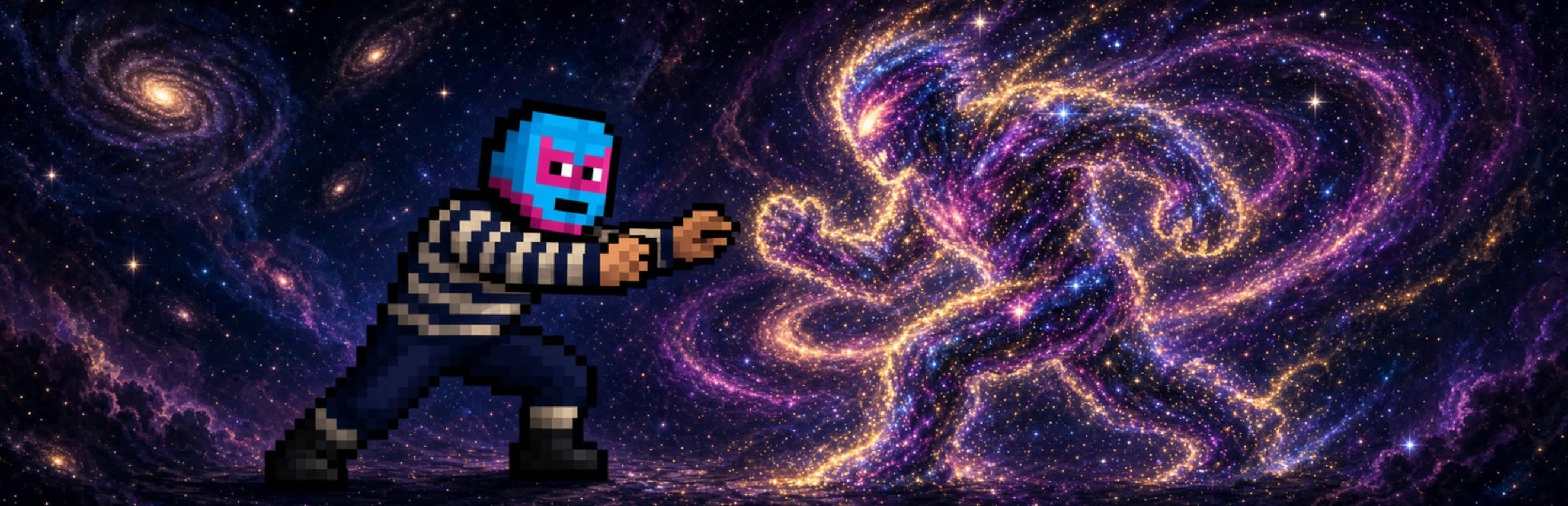 The Wrestler reaching into a swirling cosmic galaxy